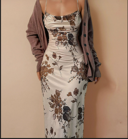 Women Vintage Spaghetti Strap Maxi Dress Sexy Low Cut Backless Floral Satin Slip Long Dress