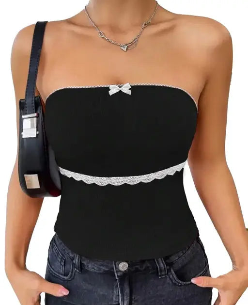 Solid Women Lace Detailed Bow Front Tube Top