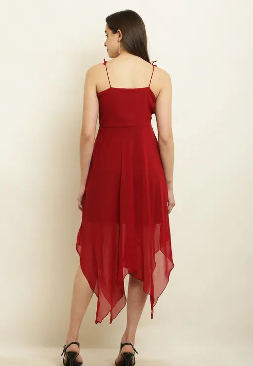 Women Solid Georgett Strap Neck High Low Dress