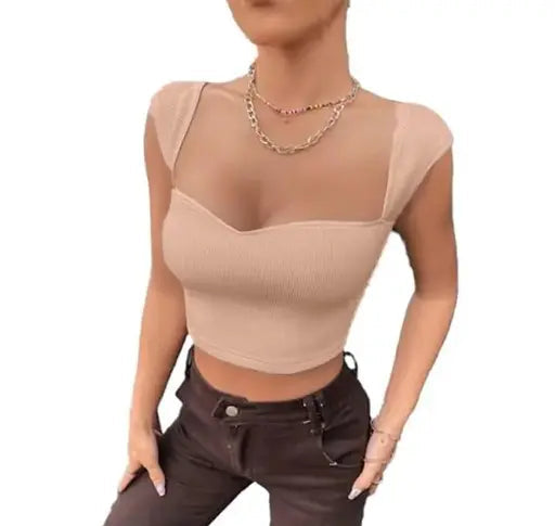 Solid Trendy Neckline Short Sleeve Crop Top For Women