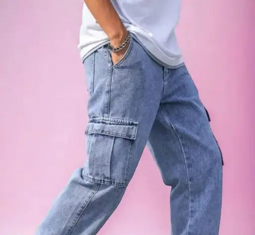 6 Pocket Baggy Lose Fit Jeans For Men , Sky Blue Jeans