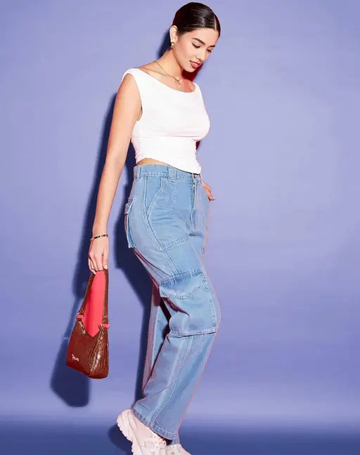 Istyle Can Womens's Printed Stretchable Draped Crop Top White