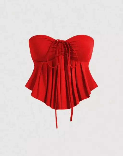 Drawstring Front Off-Shoulder Ruffle Hem Tube Top