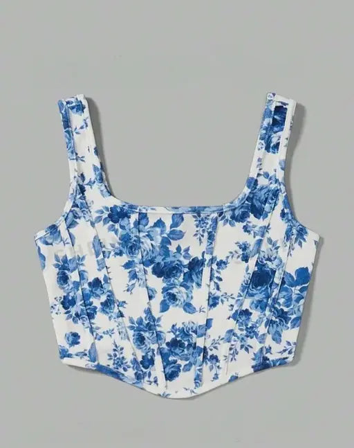 Women's Floral Print Crop Top Sleeveless Square Neck Comfy Top For Girls