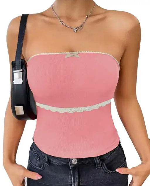 Solid Women Lace Detailed Bow Front Tube Top