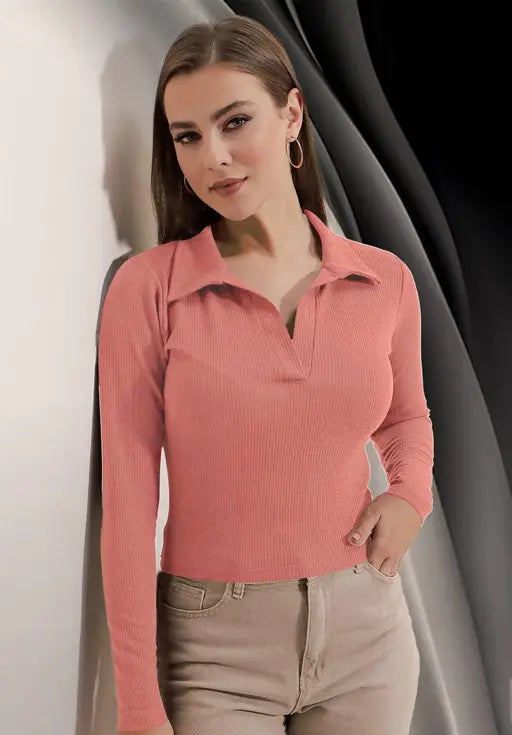 Casual Polyester Blend Ribbed Collar V-Neck & Regular Long Sleeves Stylish Coffee Top