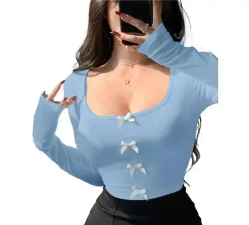 Solid Square Neck Bow Front Long Sleeves Western Ribbed y2k Top for Women