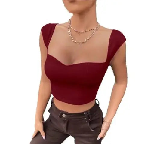 Solid Trendy Neckline Short Sleeve Crop Top For Women