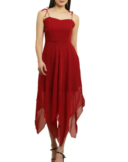 Women Solid Georgett Strap Neck High Low Dress