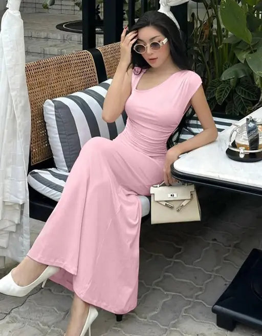 Light Pink Asymmetric Neck Ruched Dress