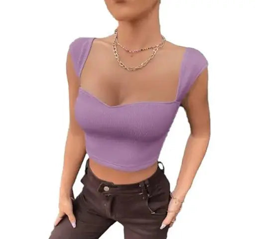 Solid Trendy Neckline Short Sleeve Crop Top For Women