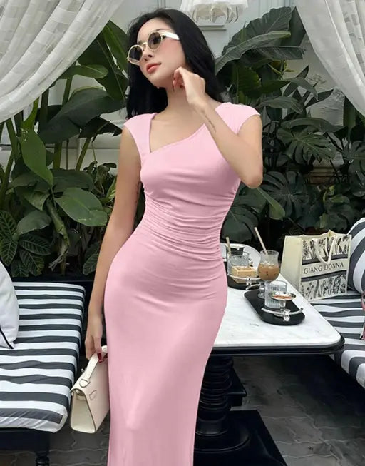 Light Pink Asymmetric Neck Ruched Dress