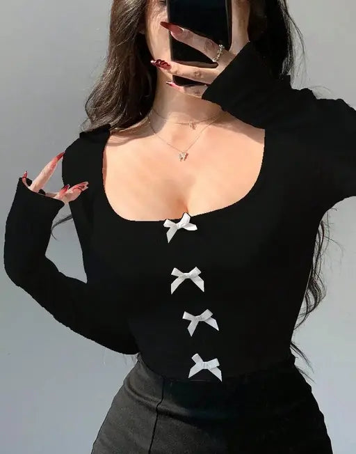 Solid Square Neck Bow Front Long Sleeves Western Ribbed y2k Top for Women
