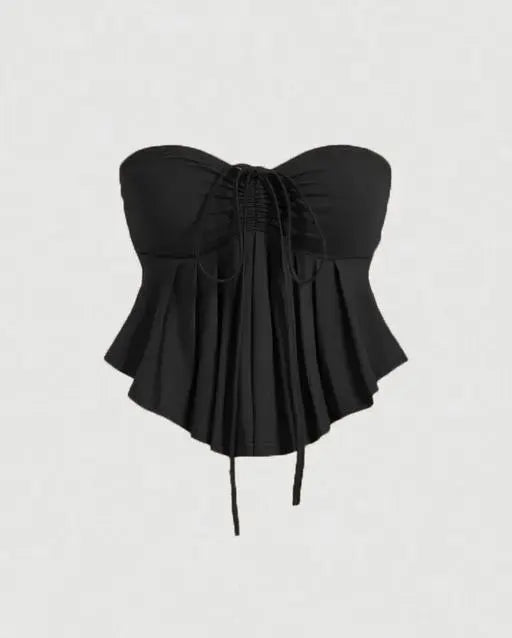 Drawstring Front Off-Shoulder Ruffle Hem Tube Top