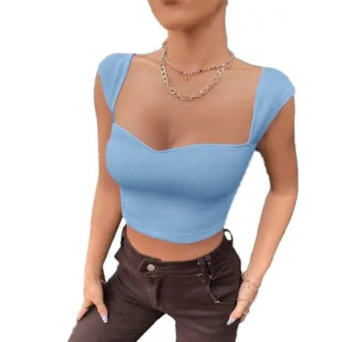 Solid Trendy Neckline Short Sleeve Crop Top For Women