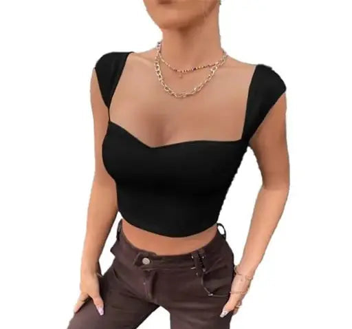 Solid Trendy Neckline Short Sleeve Crop Top For Women