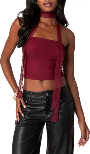 Solid Strapless Tube Crop Top For Women Western Wear With Scarf.