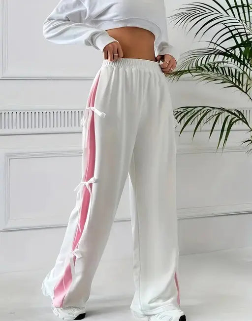 New Sweet Bowknot High Waist Slim Casual Straight Leg Pants } White