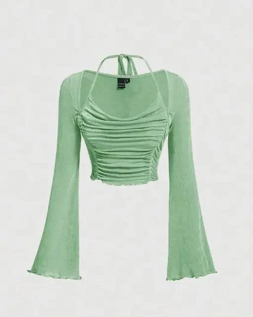 Ladies Street Style Casual Cute Crop Top Draped Front Ruched Halter Neck Trumpet Sleeve Black Crop Tee