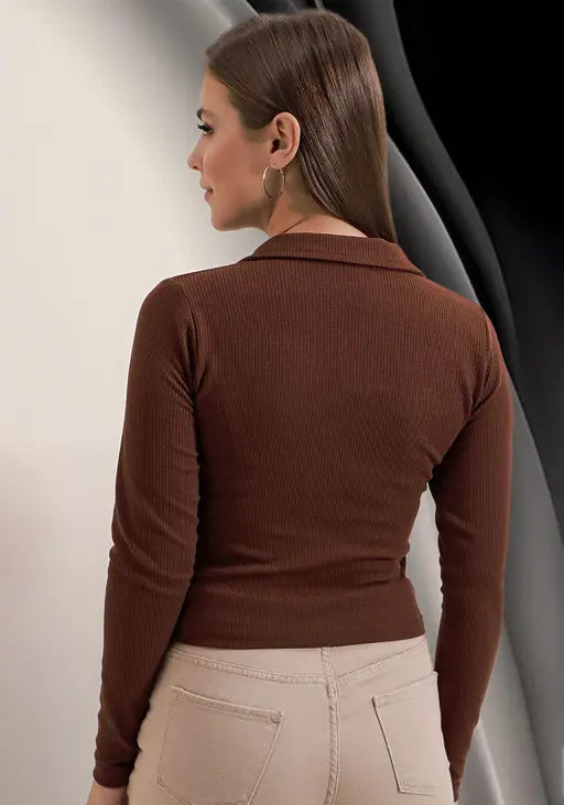 Casual Polyester Blend Ribbed Collar V-Neck & Regular Long Sleeves Stylish Coffee Top