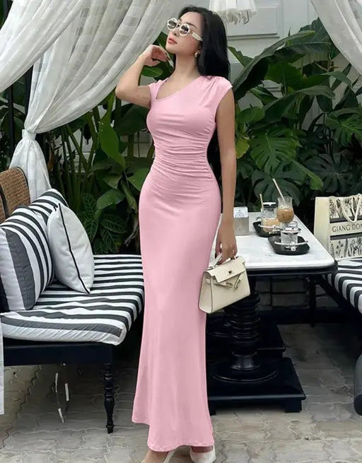 Light Pink Asymmetric Neck Ruched Dress