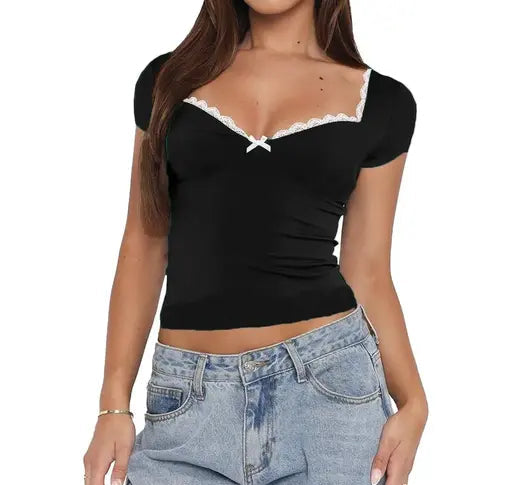 Solid Heart Neck Lace Trim Bow Front Top For Women