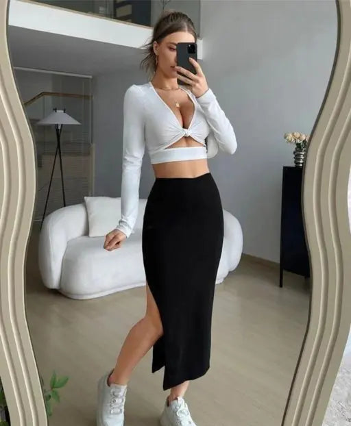 Trendy Stylish Side Cut Cotton Black Skirt For Women