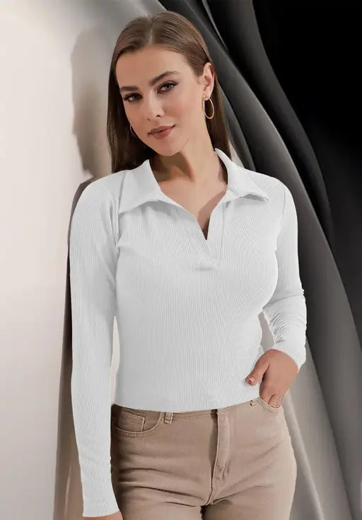 Casual Polyester Blend Ribbed Collar V-Neck & Regular Long Sleeves Stylish Coffee Top