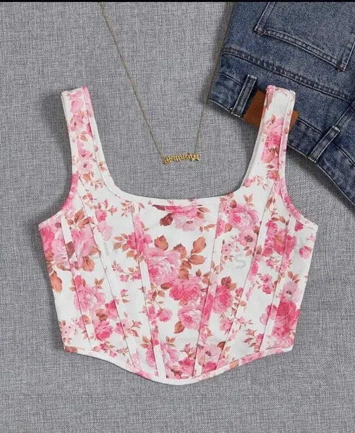 Women's Floral Print Crop Top Sleeveless Square Neck Comfy Top For Girls