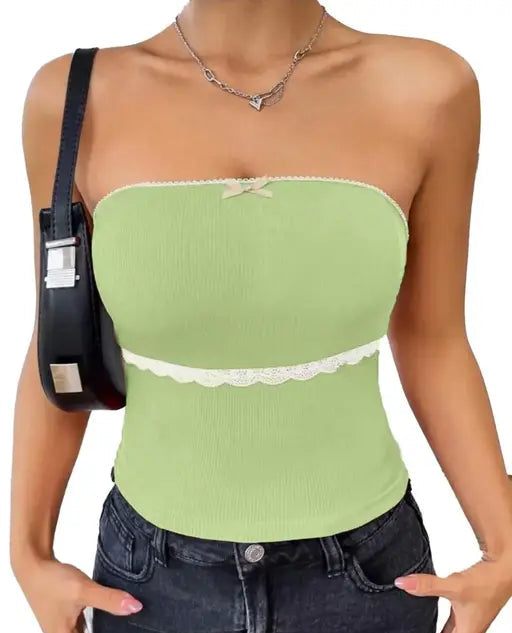 Solid Women Lace Detailed Bow Front Tube Top