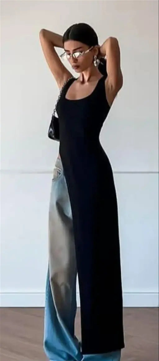 Women and girls black square neck sleeveless one side slit long dress