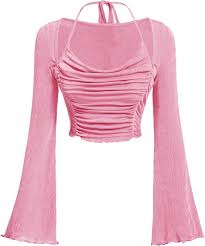 Ladies Street Style Casual Cute Crop Top Draped Front Ruched Halter Neck Trumpet Sleeve Black Crop Tee