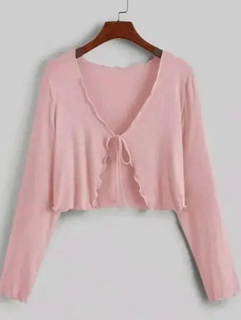 Long Sleeve Rib Knit Tie Front Cropped Cardigan TOP