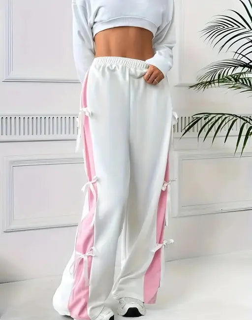 New Sweet Bowknot High Waist Slim Casual Straight Leg Pants } White