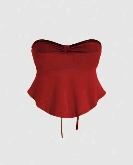 Drawstring Front Off-Shoulder Ruffle Hem Tube Top