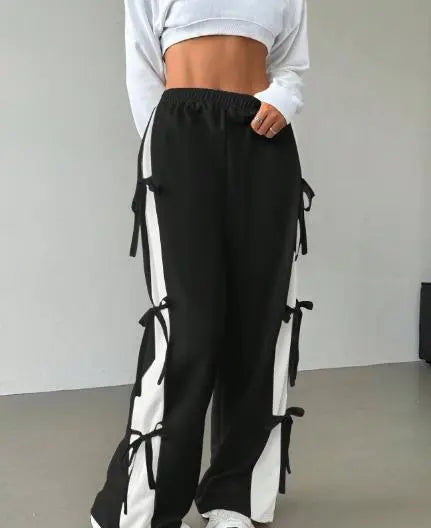 New Sweet Bowknot High Waist Slim Casual Straight Leg Pants } White