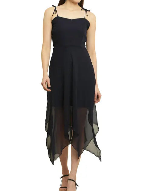 Women Solid Georgett Strap Neck High Low Dress