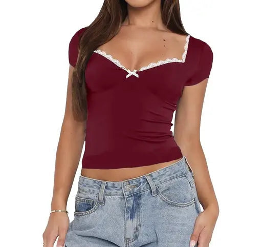 Solid Heart Neck Lace Trim Bow Front Top For Women