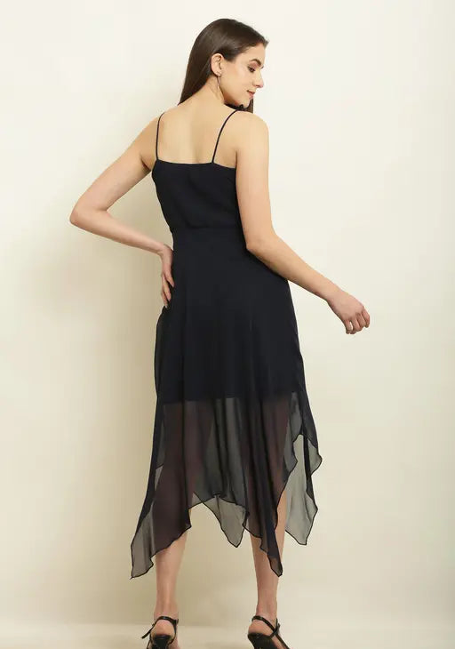 Women Solid Georgett Strap Neck High Low Dress