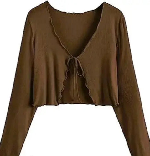 Long Sleeve Rib Knit Tie Front Cropped Cardigan TOP