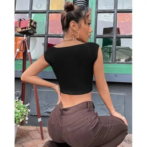 Solid Trendy Neckline Short Sleeve Crop Top For Women