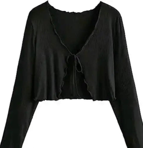 Long Sleeve Rib Knit Tie Front Cropped Cardigan TOP