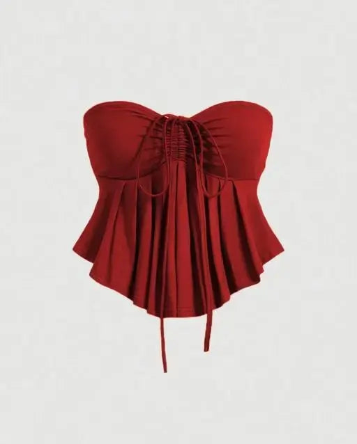 Drawstring Front Off-Shoulder Ruffle Hem Tube Top