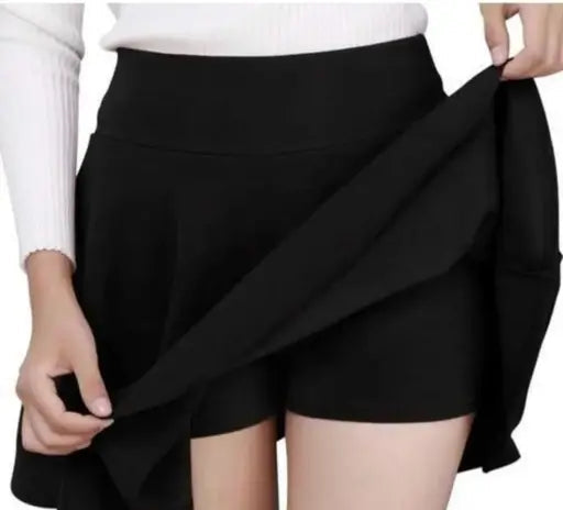 DM MALL Girl's/Women's Classic Stretchy All Time Trendy Skater Skirt with Attached Inner Shorts and Flared Inskirt (Black)