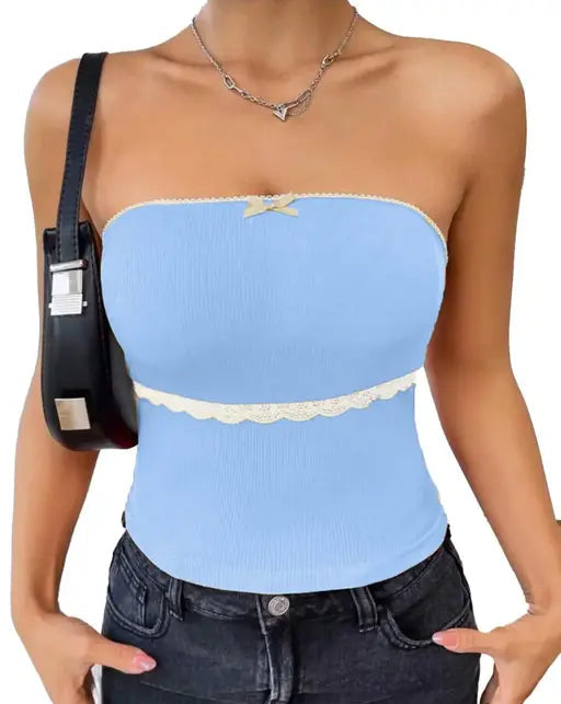 Solid Women Lace Detailed Bow Front Tube Top