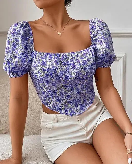 FC Floral Print Square Neck Puff Sleeve TOP
