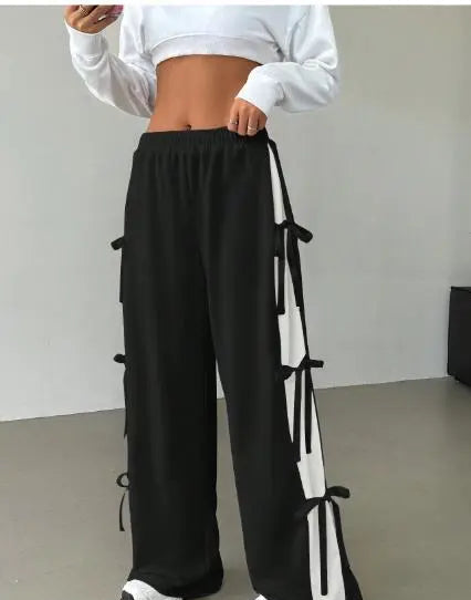 New Sweet Bowknot High Waist Slim Casual Straight Leg Pants } White