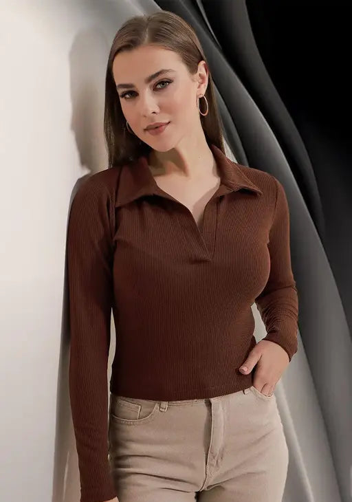 Casual Polyester Blend Ribbed Collar V-Neck & Regular Long Sleeves Stylish Coffee Top