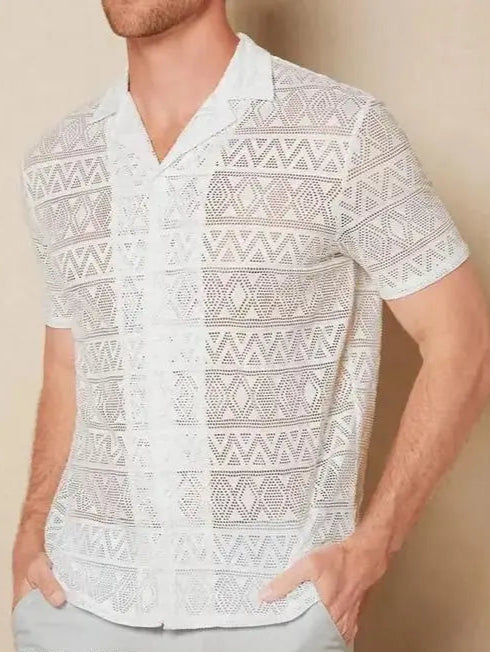 ELEGANT MEN TEXTU WHITE NET SHIRT