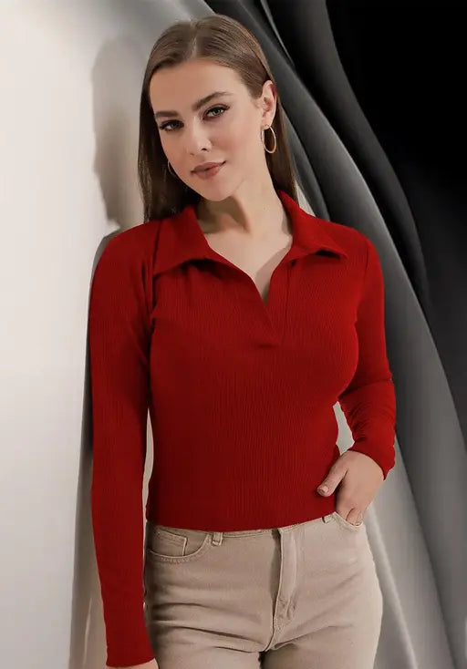 Casual Polyester Blend Ribbed Collar V-Neck & Regular Long Sleeves Stylish Coffee Top